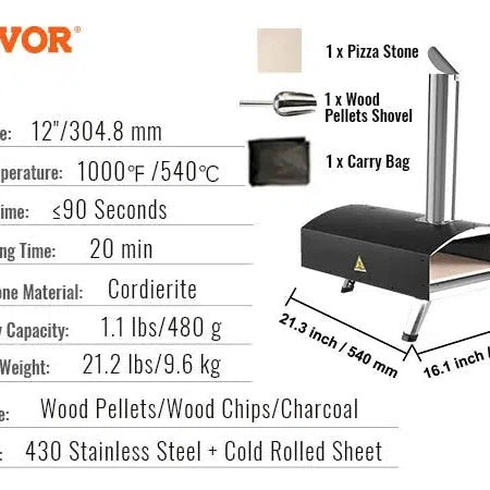 VEVOR 12" Portable Pizza Oven Wood Fired Food Grade Stainless Steel BBQ Picnics Baking Pizza Burner for Backyard Outdoor Camping