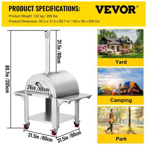 VEVOR Wood Fired Outdoor Pizza Oven, 32" Size, 3-Layer Stainless Steel Pizza Maker with Wheels for Outside Kitchen, Includes Pizza Stone, Pizza Peel, and Brush, Professional Series