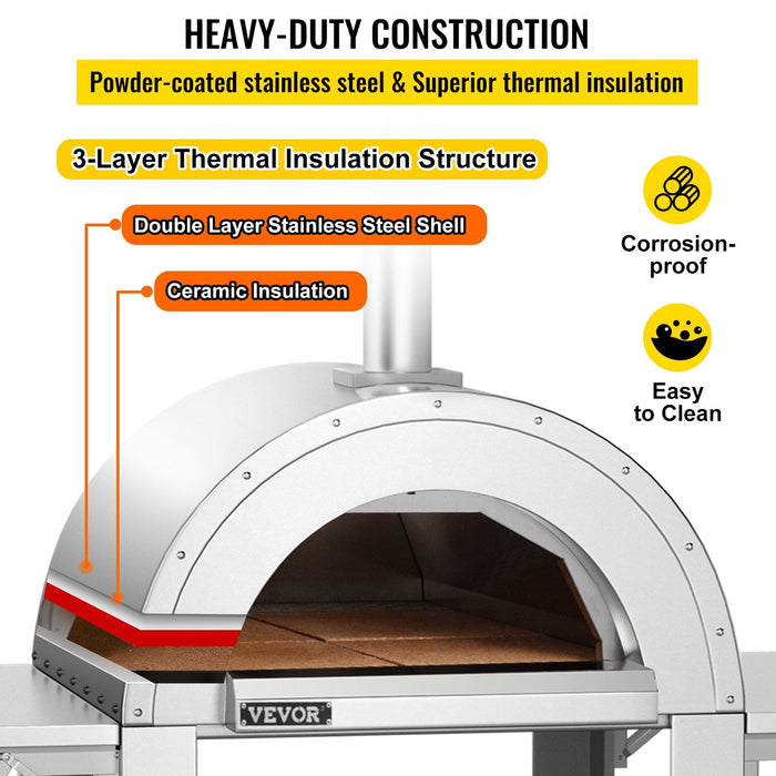 VEVOR Wood Fired Outdoor Pizza Oven, 32" Size, 3-Layer Stainless Steel Pizza Maker with Wheels for Outside Kitchen, Includes Pizza Stone, Pizza Peel, and Brush, Professional Series