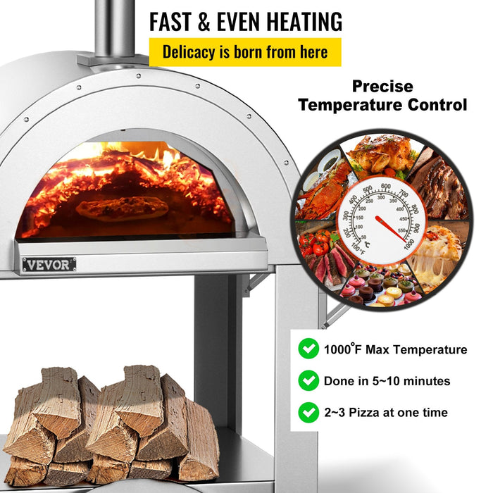 VEVOR Wood Fired Outdoor Pizza Oven, 32" Size, 3-Layer Stainless Steel Pizza Maker with Wheels for Outside Kitchen, Includes Pizza Stone, Pizza Peel, and Brush, Professional Series