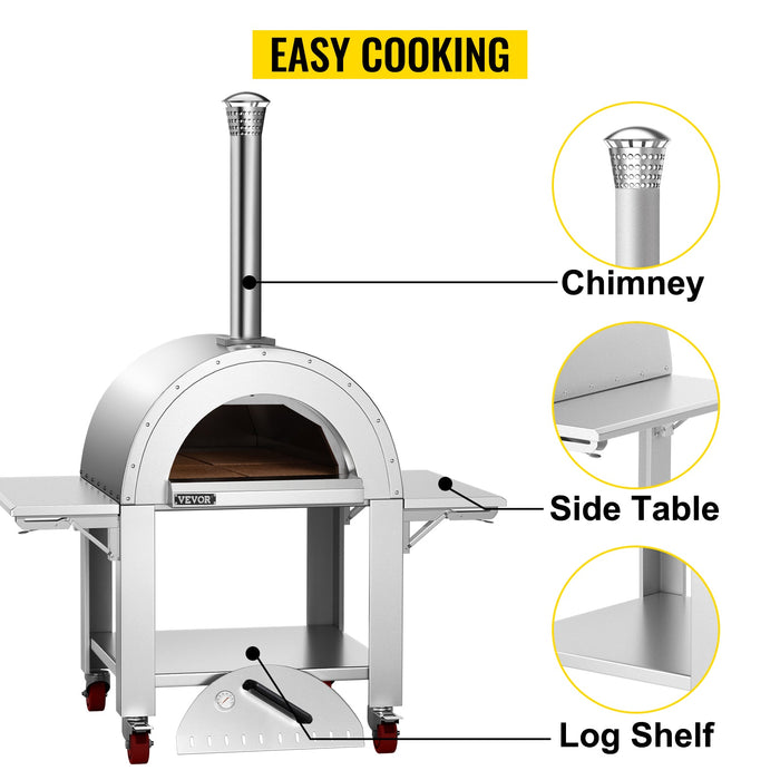 VEVOR Wood Fired Outdoor Pizza Oven, 32" Size, 3-Layer Stainless Steel Pizza Maker with Wheels for Outside Kitchen, Includes Pizza Stone, Pizza Peel, and Brush, Professional Series